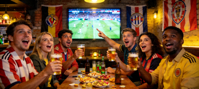 一群球迷在酒吧观看比赛，热烈讨论的场景